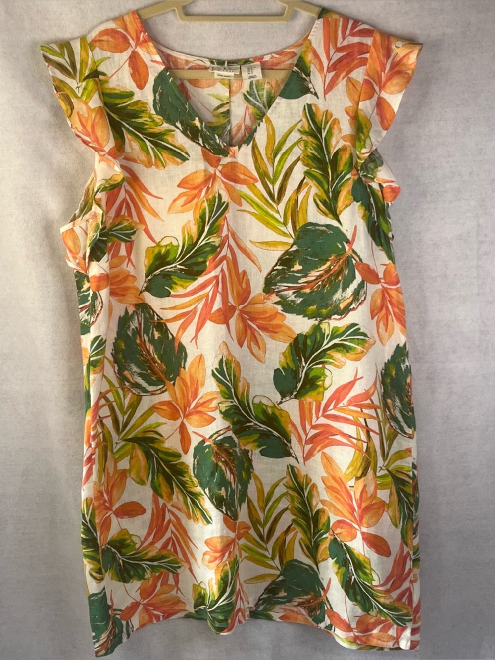 Nicole Miller Dress Linen Sz XL Tropical‎ Beach Flutter Sleeves Shift Dress NWOT